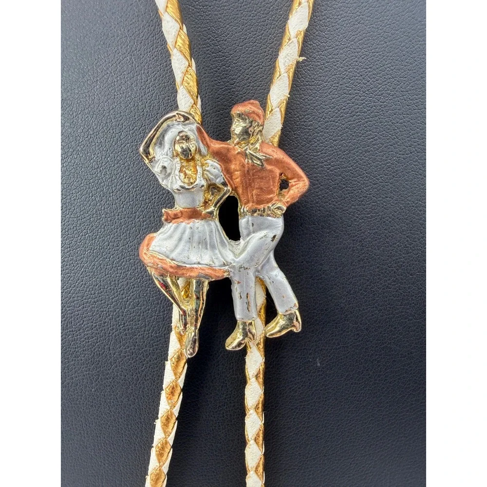 Vintage Square Line Dance Couple Bolo Tie White Gold Braided Cord Western Style